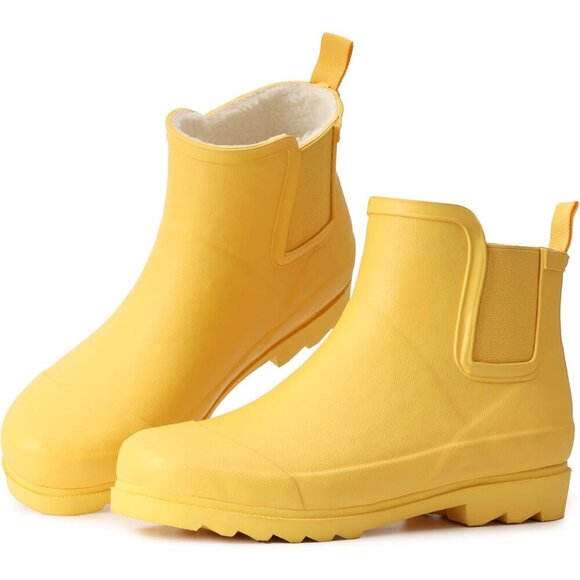 Shoes - Women's Yellow Waterproof Rain Boots with Plush Lining Non-Slip Winter Boots